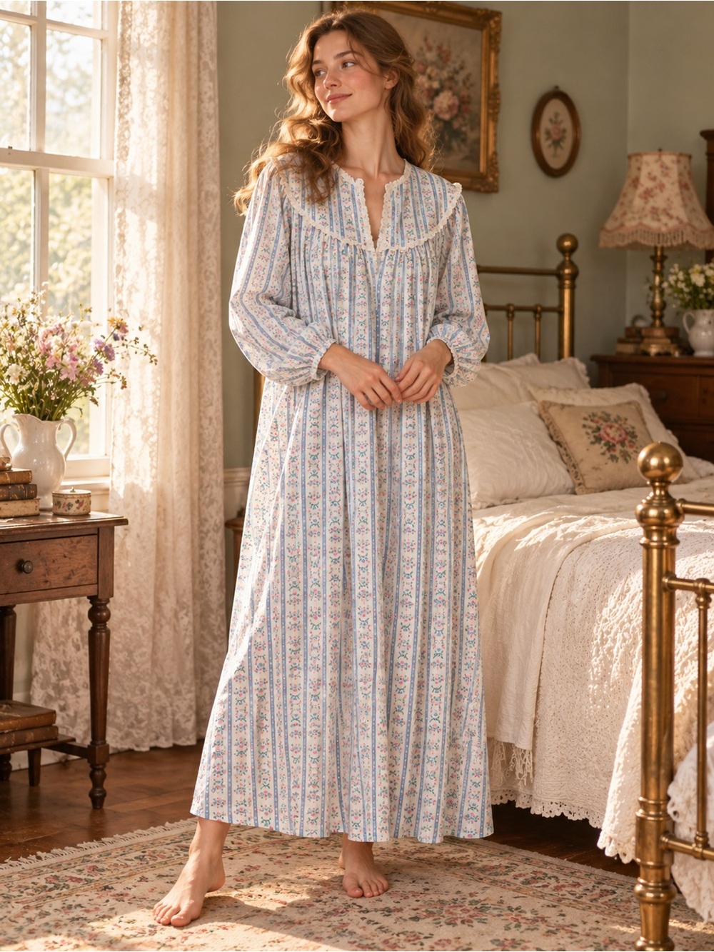 Lanz of Salzburg VTG Women's Blue Floral Stripe Long Nightgown 100% Cotton